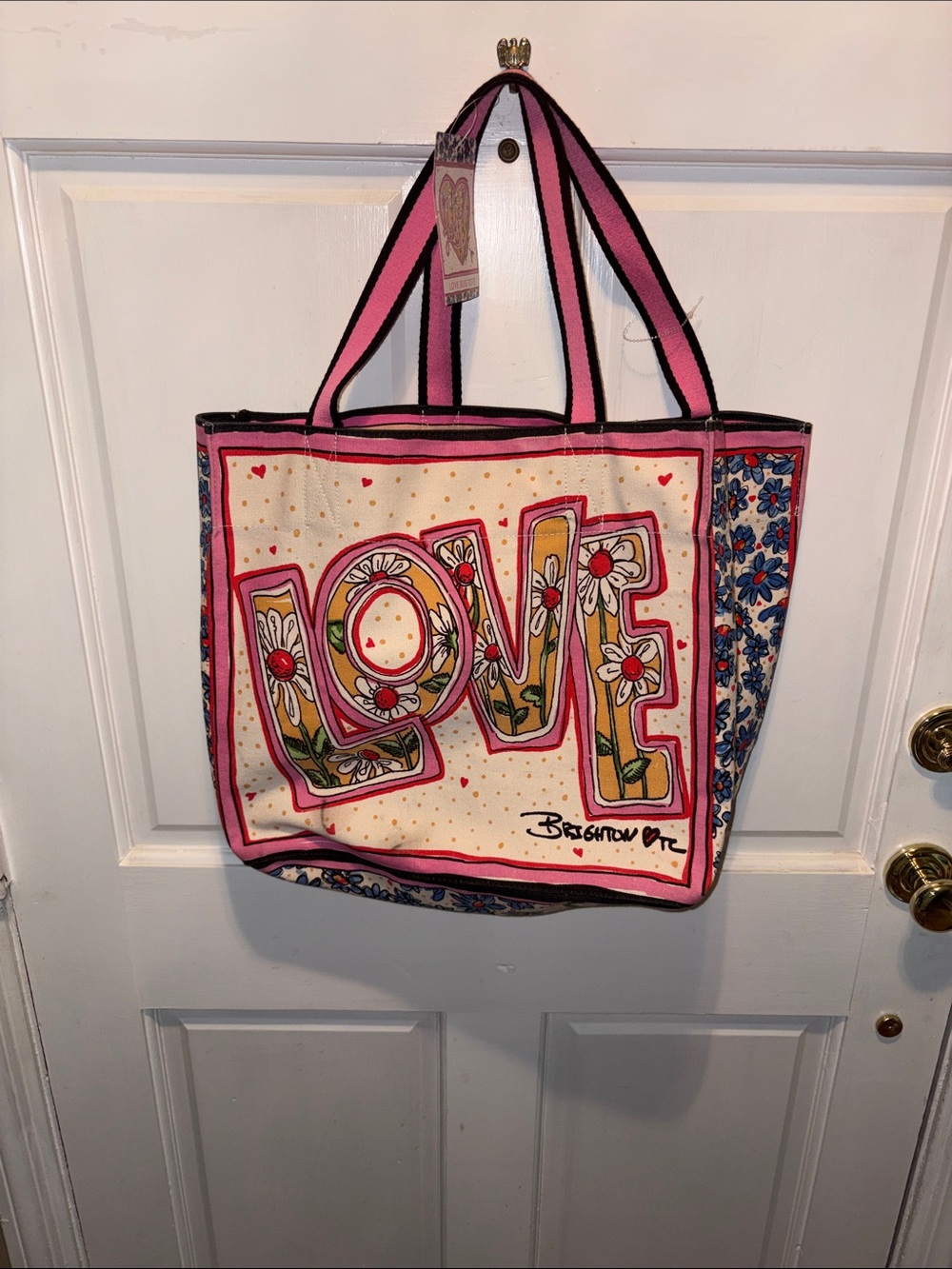 Brighton Pink, Cream and Blue LOVE Floral Canvas Tote